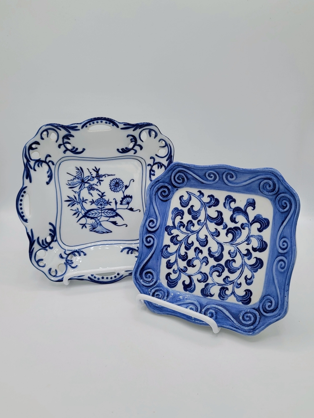 Blue White Ceramic Plates 7.5" Lillian Vernon + 6.5" Floral Set Of 2 Vintage